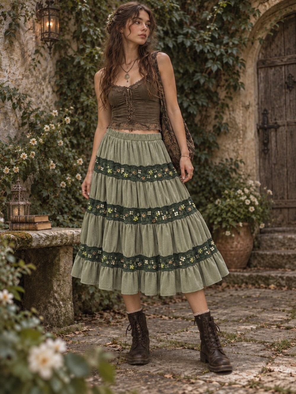 Lapis Velvet Tiered Midi Skirt M Green Lace Sequin Fairy Grunge Whimsigoth Y2K